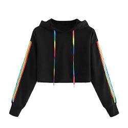 YEBIRAL Damen Sweatshirt, Mädchen Bauchfrei Pullover Streifen Rainbow Pulli Oberteile Mode Sport Crop Tops Casual Kurz Bluse Hoodie Kapuzenpullover(M,Schwarz) von YEBIRAL