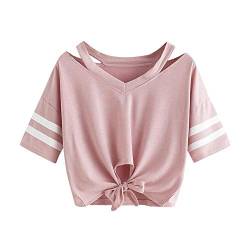 YEBIRAL Damen Sweatshirt, Teenager Mädchen Kurzarm T-Shirt Bauchfrei Oberteil Kurz Sommer Strand Casual Crop Tops V-Ausschnitt Bluse mit Schleife(L,Rosa) von YEBIRAL