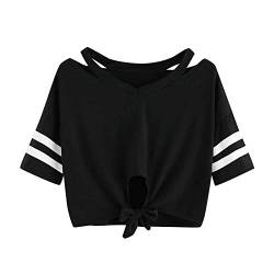 YEBIRAL Damen Sweatshirt, Teenager Mädchen Kurzarm T-Shirt Bauchfrei Oberteil Kurz Sommer Strand Casual Crop Tops V-Ausschnitt Bluse mit Schleife(L,Schwarz) von YEBIRAL