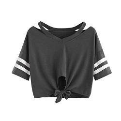 YEBIRAL Damen Sweatshirt, Teenager Mädchen Kurzarm T-Shirt Bauchfrei Oberteil Kurz Sommer Strand Casual Crop Tops V-Ausschnitt Bluse mit Schleife(M,Grau) von YEBIRAL