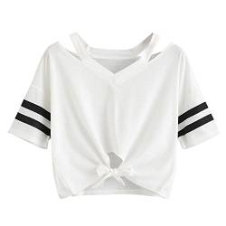 YEBIRAL Damen Sweatshirt, Teenager Mädchen Kurzarm T-Shirt Bauchfrei Oberteil Kurz Sommer Strand Casual Crop Tops V-Ausschnitt Bluse mit Schleife(XXL,Weiß) von YEBIRAL