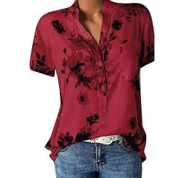 YEBIRAL Große Größe Blusen Damen Elegante V-Ausschnitt Blumen Bluse Kurzarmshirt Sommer Casual Lose Tunika Top Hemd mit Knopfleiste Blusenshirt Tasche T-Shirt Oberteile(EUR-34/CN-S,Rot) von YEBIRAL