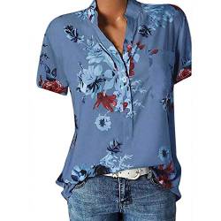 YEBIRAL Große Größe Blusen Damen Elegante V-Ausschnitt Blumen Bluse Kurzarmshirt Sommer Casual Lose Tunika Top Hemd mit Knopfleiste Blusenshirt Tasche T-Shirt Oberteile(EUR-48/CN-5XL,Blau) von YEBIRAL