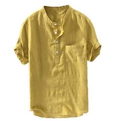YEBIRAL Herren Hemd Kurzarm Leinenhemd Henley Shirt Männer Übergröße Einfarbig Leinen Freizeithemd Casual Lässig Bequem Atmungsaktiv Sommerhemden Loose Fit(5XL,Gelb) von YEBIRAL