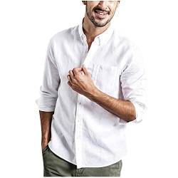 YEBIRAL Herren Hemd Langarm Leinenhemd aus Baumwollemischung Regular Fit Button Down Freizeithemd Sommerhemd Einfarbig Leinen Shirt für Männer(M,Weiß) von YEBIRAL