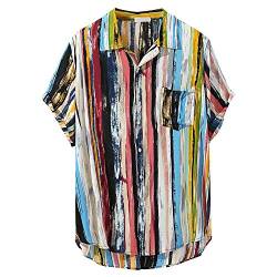 YEBIRAL Herren Leinenhemd Kurzarm Freizeithemd Bunt Streifen Sommer Mode Hemd Casual Regular Fit Oberteil Kurzarm-Shirt Strand Sommerhemd Große Größe(4XL,Mehrfarbig-A) von YEBIRAL