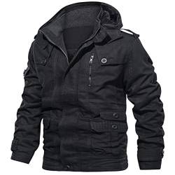 YEBIRAL Herren Winter Dick Fleece Gefüttert Militär Cargo Jacke Feldjacke Bomberjacke Übergangsjacke Baumwoll Hoodies mit Multi Taschen (Y-02 Schwarz, 3XL) von YEBIRAL