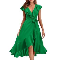 YEBIRAL Kleid Damen Elegant A Line Wickelkleid mit Gurtel Rüschenkleid Sexy V-Ausschnitt Partykleid Sommer Knielang Kleid A Linie Swing Maxikleider Einfarbig Leicht und Luftig Sommerkleid Kleider von YEBIRAL