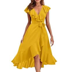 YEBIRAL Kleid Damen Elegant A Line Wickelkleid mit Gurtel Rüschenkleid Sexy V-Ausschnitt Partykleid Sommer Knielang Kleid A Linie Swing Maxikleider Einfarbig Leicht und Luftig Sommerkleid Kleider von YEBIRAL