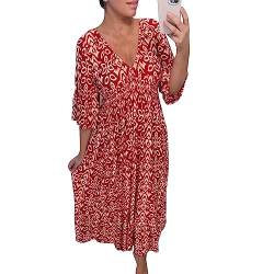 YEBIRAL Kleid Damen Sommer Boho Strandkleid Große Größen Freizeitkleid V-Ausschnitt Midikleid Halbarm Blumenkleid Loose Sommerkleid Hohe Taille Casual Kleider (#Rot, XXL) von YEBIRAL