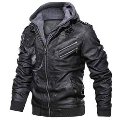 YEBIRAL Lederjacke Herren Jacke Mit Kapuze Vintage Kunstlederjacke Winddichte Bikerjacke Mode Bomberjacke Abnehmbare Hoodie Winterjacke Slim Fit von YEBIRAL