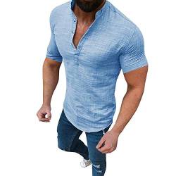 YEBIRAL Leinenhemd Herren Übergröße Kurzarm Stehkragen Button Down Freizeithemd Einfarbig T-Shirt Sommer Casual Hemd Leichte Atmungsaktiv Bequem Sommerhemden Regular Fit(5XL,Blau) von YEBIRAL