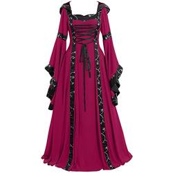 YEBIRAL Mittelalter Kleidung Damen Große Größen Renaissance Kleid mit Kapuze Viktorianische Kostüm Trompetenärmel Lange Gothic Retro Kleider Karneval Halloween Cosplay Party Festival Outfit von YEBIRAL