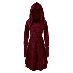 YEBIRAL Mittelalter Kleidung Damen Renaissance Kleid mit Kapuze Langarm Robe zum Schnüren Gothic Retro Rock Cosplay Halloween Karneval Kostüm von YEBIRAL