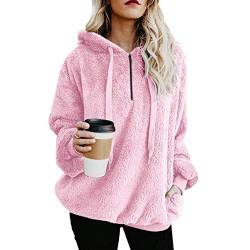 YEBIRAL Oversize Damen Herbst Winter Kapuzenpullover Frauen Mode Bequem Casual Hoodie Pullover Teddy-Fleece Langarmshirt Sweatshirt Mit Kordel und Taschen (Rosa, L) von YEBIRAL