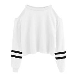 YEBIRAL Pullover Damen Bauchfrei, Teenager Mädchen Gestreifte Pulli Langarmshirt Schulterfrei Kurz Crop Tops Oberteile Shirt Sweatshirt (Weiß, L) von YEBIRAL