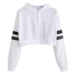 YEBIRAL Pullover Damen Bauchfrei, Teenager Mädchen Sweatjacke Streifen Sport Crop Tops Hoodie Sweatshirt Kapuzenpullover(M,Weiß) von YEBIRAL