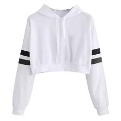 YEBIRAL Pullover Damen Bauchfrei, Teenager Mädchen Sweatjacke Streifen Sport Crop Tops Hoodie Sweatshirt Kapuzenpullover(XL,Weiß) von YEBIRAL