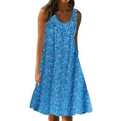 YEBIRAL Strandkleid Damen Große Größen Sommer Ärmellos Kleid Blumenmuster Sommerkleid Boho Knielang Kleider Casual A Linie Blumenkleid Rundhals Midikleid Freizeitkleid Tunika Kleid Midi (Blau, XXL) von YEBIRAL