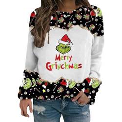 YEBIRAL Sweatshirt Damen Grinch Pullover Briefe Drucken Langarm Rundhals Pulli Lustige 3D Druck Weihnachtspullover Locker Casual Oberteil Sport Streetwear Sweatshirts ohne Kapuze Bluse Tops von YEBIRAL