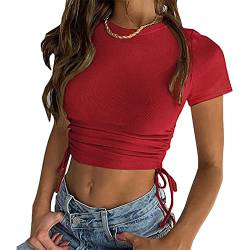 YEBIRAL Top Bauchfrei Damen, T-Shirt Teenager Mädchen Kurze Ärmel Rundhals Oberteil Casual Sommer Basic Tee Shirts Streetwear Y2k Crop Tops mit Kordelzug von YEBIRAL