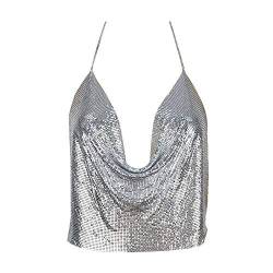 YEBIRAL Tops Damen Sommer Sexy Glitzer Paillette Neckholder Crop Tops für Party Frauen Mode Trägerlos Bluse Oberteil Tank Top Schwarz/Gold/Rosa/Orange/Silber/Weiß(Einheitsgröße,Silber) von YEBIRAL