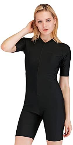 YEESAM Einteiliger Badeanzug für Damen und Mädchen, kurzärmelig, Rashguard, bescheiden, schwarz, Medium von YEESAM