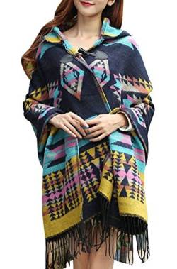 YEESAM Hoodie Poncho Bohemian Decke, Hooded Shawl Cape Cloak Scarf Quaste, blau, Einheitsgröße von YEESAM