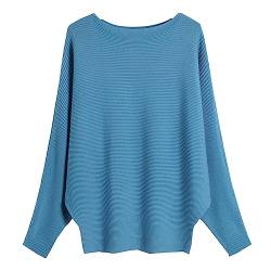 Damen Pullover Off Shoulder Batwing Sleeve Loose Pullover Solid Sweater Knit Jumper Tops, Blau, Einheitsgr??e von YEKEYI