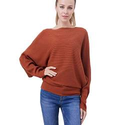 Damen Pullover Off Shoulder Batwing Sleeve Loose Pullover Solid Sweater Knit Jumper Tops, Braun, One Size von YEKEYI