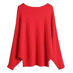 Damen Pullover Off Shoulder Batwing Sleeve Loose Pullover Solid Sweater Knit Jumper Tops, Rot, Einheitsgr??e von YEKEYI