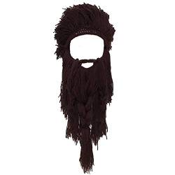 YEKEYI Barbarian Knit Long Beard Hat Erwachsene Wikinger Kunsthaar Perücke Visier Strickwolle Lustige Totenkopf Kappe, braun, Einheitsgröße von YEKEYI