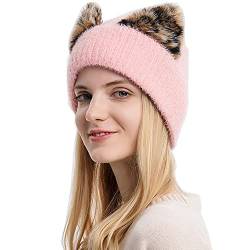 YEKEYI Beanie Mütze für Frauen Niedliche Katzenohren Beanie Wintermütze mit Hörnern Beanie Mützen Strickbündchen Warme Skimützen, rose, 7 1/8 von YEKEYI