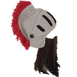 YEKEYI Funny Knight Helm Beanie mit Bartmütze Handmade Gestrickte Winter Dicke Mütze Octopus Mütze Halloween Cosplay Skimaske, braun, Einheitsgröße von YEKEYI