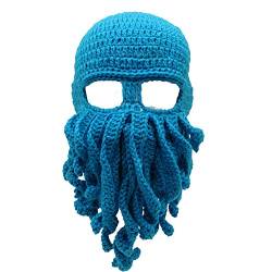 YEKEYI Funny Knight Helm Beanie mit Bartmütze Handmade Gestrickte Winter Dicke Mütze Octopus Mütze Halloween Cosplay Skimaske, lblue, Einheitsgröße von YEKEYI