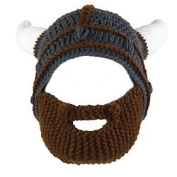 YEKEYI Handgefertigter Strickhelm und abnehmbarer Bart-Barbaren-Ritter-Strickmütze, Wikinger-Hörner, Beanie, lustige Mützen, coffee, 54 von YEKEYI