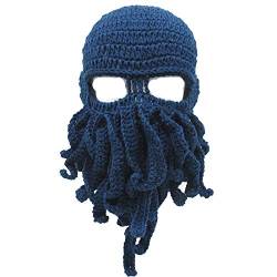 YEKEYI Lustige Ritterhelm Beanie mit Bart Mütze Handgemachte Strickmütze Winter Dicke Kappe Octopus Hut Halloween Cosplay Skimaske, navy, Einheitsgröße von YEKEYI