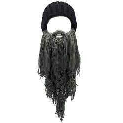 YEKEYI Wikinger Bart Beanie Horn Mütze Winter Warme Maske Gestrickte Wolle Lustige Schädel Kappe, Dgray, Einheitsgröße von YEKEYI