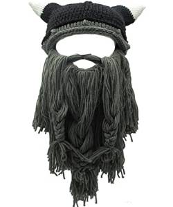 YEKEYI Wikingerbart-Mütze, Horn, Winter, warme Maske, gestrickte, lustige Kappe aus Wolle, Horn Dgray, Einheitsgröße von YEKEYI