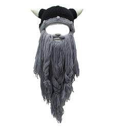 YEKEYI Wikinger Bart Beanie Horn Mütze Winter Warme Maske Gestrickte Wolle Lustige Schädel Kappe, Horn Lgray, Einheitsgröße von YEKEYI