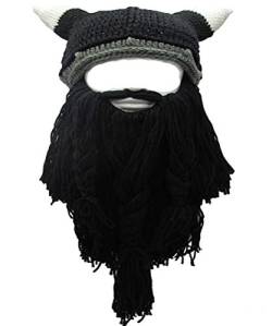 YEKEYI Wikingerbart-Mütze, Horn, Winter, warme Maske, gestrickte, lustige Kappe aus Wolle, Horn schwarz, Einheitsgröße von YEKEYI