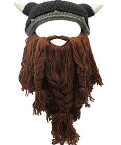 YEKEYI Wikinger Bart Beanie Horn Mütze Winter Warme Maske Gestrickte Wolle Lustige Schädel Kappe, Hornbraun, Einheitsgröße von YEKEYI