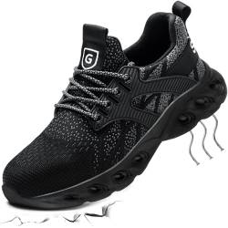 YEKOYIOO Arbeitsschuhe Damen Sicherheitsschuhe Herren S3 Leicht Anti-Smashing Stahlkappenschuhe Atmungsaktiv rutschfest Schuhe Stoßdämpfender Sneaker Damen Schwarz Grau 39 EU von YEKOYIOO