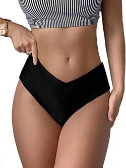 YELAIVP Damen Bikinihose mit V-Schnitt, freche hohe Taille, hoher Schnitt, Badeanzug, Badeanzug, Hose, Schwarz, Large von YELAIVP