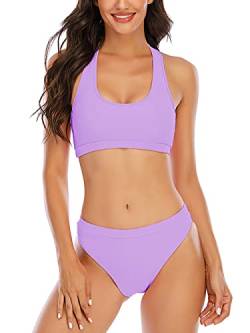 YELAIVP Solide Racerback High Waist Bikini Sets Sportlich Zweiteiliger Badeanzug U-Ausschnitt Badeanzüge für Damen, hellviolett, Small von YELAIVP