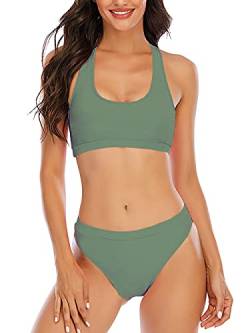 YELAIVP Solider Racerback-Bikini-Sets mit hoher Taille, sportlicher, Zweiteiliger Badeanzug mit U-Ausschnitt für Damen, olivgrün, Medium von YELAIVP