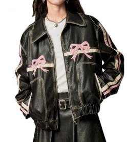 YELLOOP Leder-Bomberjacke Kunstlederjacke Damen Oversized Lederjacke Vintage Lederjacke Y2k, Pink, Medium von YELLOOP