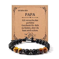 YELUWA 8mm Natürliches Tigerauge & Schwarzer Onyx Geflochtenes Verstellbares Herren Armband für Papa & Opa mit Box & Karte, Vatertag & Geburtstags Geschenk für Papa von Sohn & Tochter von YELUWA