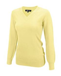 YEMAK Damen Strickpullover Pullover - Langarm V-Ausschnitt Basic Klassisch Lässig Gestrickt Weich Leicht T-Shirt Top - Gelb - Groß von YEMAK