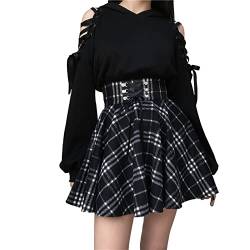 Damen Mini-Faltenrock, kariert, hohe Taille, Gothic-Stil, A-Linie, zum Schnüren, Schwarz, XL von YEMOCILE